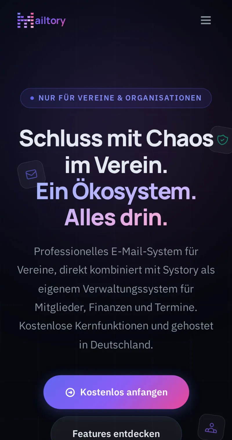 Mobile Ansicht: Mailtory & Systory
